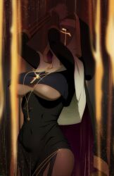 artist_request big_breasts boob_window breasts catholicism crying dark-skinned_female female glowing_eyes glowing_tears illari_(overwatch) illari_quispe_ruiz latina nun nun's_habit nun_outfit overwatch overwatch_2 peruvian_female praying reverend_mother_illari source_request tears underboob