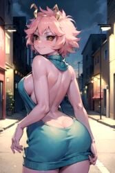 ai_generated aiposter blush breasts from_side horn looking_at_viewer mina_ashido my_hero_academia open_back outdoors outside pink_hair sideboob smirk virgin_killer_sweater yellow_eyes