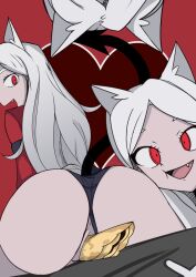 3girls anguss anus cerberus_(helltaker) demon demon_tail dog_ears female female_only food helltaker multiple_girls pussy red_eyes tagme white_hair