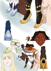 2boys 2girls angry bare_midriff blonde_hair blue_eyes breasts brown_hair disgusted dress eve_(fire_emblem) eyeshadow female_focus fire_emblem fire_emblem_engage foot_fetish footjob frown gloves groping high_heels long_hair looking_back looking_down makeup mature mature_female medium_breasts midriff molestation multiple_boys multiple_girls multiple_views nintendo pantyhose penis ponytail red_eyes sasa_(suliwa1993) seforia_(fire_emblem) short_hair skirt standing star-shaped_pupils symbol-shaped_pupils