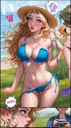 !? 1boy 2girls aroma_sensei belly belly_button big_breasts bikini bikini_top_removed blonde_hair blue_eyes breasts camera cleavage diving_mask diving_suit haley_(stardew_valley) hat long_hair outdoors panties_removed seaside small_waist stardew_valley taking_picture undressing walk-in wide_hips wind