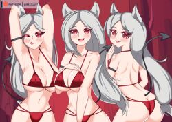 3girls cerberus_(helltaker) demon demon_tail dog_ears female female_only helltaker luex red_eyes tagme white_hair