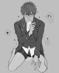 blush bodily_fluids buyaozaoqi cigarette full_body genital_fluids gintama heart-shaped_pupils hijikata_toshiro horny looking_at_viewer male male_only monochrome police_officer police_uniform shinsengumi_(gintama) sitting solo spoken_heart tongue_out trembling underwear wariza wet_underwear