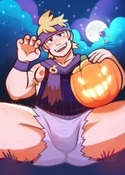 1boy 2023 armpit_hair bara bara_tits barazoku blonde_hair bulge clothing gay hairy_male halloween holidays jack-o'-lantern jack_o'_lantern leg_hair looking_at_viewer male male_focus male_nipples male_only manly morty_(pokemon) muscular_male nintendo nipples pokemon pumpkin solo solo_male yaoi