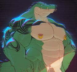 2023 abs anthro arm_tattoo black_background blue_eyes blue_lighting chest_tattoo crocodile crocodilian crocodylid fang_ring flexor_carpi genitals green_body green_scales head_spines hi_res looking_at_viewer male mr_nellory multicolored_body multicolored_scales navel nipple_piercing nipple_ring nipples obliques pecs penis penis_base piercing reptile ring_piercing scales scalie serratus shoulder_tattoo simple_background solo tan_body tan_scales tattoo tooth_ring triceps tusk_ring two_tone_body two_tone_scales vein veiny_penis