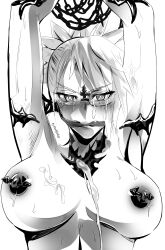 au_ra bondage chains cloth_gag cum cum_on_body cum_on_breasts darkhirkey final_fantasy_xiv gag gagged glasses ikaroa_ruaumoko large_breasts metal_chain pierced_nipples xaela