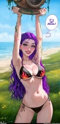 1girls abigail_(stardew_valley) armpits arms_up aroma_sensei belly belly_button big_breasts bikini blue_eyes blush breasts diving_mask diving_suit long_hair looking_at_viewer outdoors purple_hair seaside small_waist smile smiling smiling_at_viewer solo stardew_valley wide_hips wind