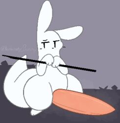 2023 anthro big_penis big_tail digital_drawing_(artwork) digital_media_(artwork) erection fur genitals holding_object holding_spear holding_weapon huge_cock male male_only melee_weapon nonbinary_bunny paws penis pink_penis polearm rain_world slugcat solo spear survivor_(rain_world) tail tapering_penis thick_thighs weapon white_body white_ears white_fur white_tail wide_hips