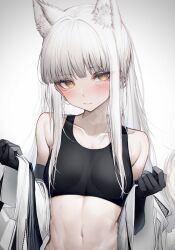 1girls animal_ears arknights black_gloves black_topwear blush female female_focus female_only flat_belly gloves gold_eyes jacket jacket_off_shoulders jacket_open light-skinned_female light_skin long_hair looking_away platinum_(arknights) shy small_breasts tab_head tagme tank_top tight_clothing white_hair yellow_eyes