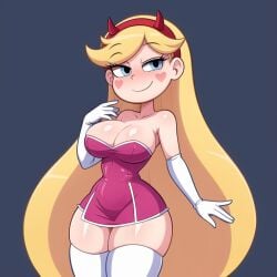 ai_generated big_breasts blonde_hair blue_eyes cats62 cleavage dress fake_horns headband long_hair star_butterfly star_vs_the_forces_of_evil stockings thick_thighs thighhighs wide_hips