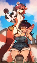 absurd_res accessory ailurid animal_print anthro balls balls_on_breasts bell big_breasts big_penis blush breasts bucket clothing cock_ring container countershade_torso countershading cow_print cow_print_panties dominant dominant_anthro dominant_male duo female female_on_anthro femboy_on_female genitals girly graded_penis green_eyes hair hand_on_another's_head hand_on_head hi_res human human_on_anthro humanoid_genitalia humanoid_penis imminent_sex interspecies jewelry licking licking_lips long_penis looking_at_another's_penis male male/female mammal mostly_nude narrowed_eyes nipples nude one_eye_closed open_mouth outside overalls panties penis penis_accessory penis_jewelry pokilewd purple_hair red_hair red_panda scott_williams slim submissive submissive_female submissive_human tongue tongue_out underwear white_body white_skin wide_hips