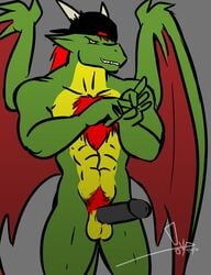 2012 abs balls bgn biceps black_penis chest_tuft dragon erection green_skin grin hair hat horn looking_at_viewer male male_only nude penis pubes reptile sabrewing_(character) scalie smirk solo standing teasing wings yellow_eyes yellow_skin