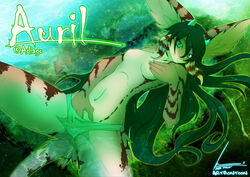 adiago auril breasts dragon female green_hair hair horn iontoon long_hair looking_at_viewer masturbation panties solo topless underwear