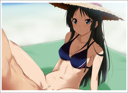 1boy 1boy1girl 1girls bikini_top black_eyes black_hair blue_eyes blush bottomless breasts cleavage erect_nipples female frame hat human human_only k-on! kaiga long_hair male mio_akiyama_(k-on!) navel pubic_hair sex shade spread_legs straight straight_hair straw_hat sun_hat vaginal_penetration