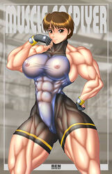 breasts brown_eyes brown_hair extreme_muscles fingerless_gloves hand_on_hip highres hips huge_breasts large_breasts masami muscle muscular_female nipples ren_(tainca2000) rentb see-through short_hair skin_tight solo thighs