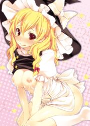 :q apron blonde_hair blush bow breasts brown_eyes cum cum_on_body cum_on_breasts cum_on_upper_body female footwear hairbow hat human kaneru kneehighs kneeling lactation licking_lips long_hair marisa_kirisame nipples no_bra red_eyes sitting socks solo tongue touhou wariza white_legwear witch_hat