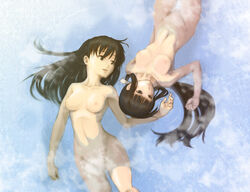 artist_request black_hair breasts censored convenient_bath_steam convenient_censoring higurashi_kagome inuyasha kagome_higurashi kikyo_(inuyasha) lying mound_of_venus multiple_girls navel nipples nude saiha small_nipples steam submerged water