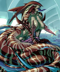 abs barbed_cock barbs breasts brown_eyes erect_nipples fangs fins futanari futanari_mermaid highres intersex lamia large_breasts long_nipples long_tongue mermaid mikoyan monster monster_girl muscle nipples penis prehensile_penis solo_futa stick_nipples striped stripes tail tongue yellow_eyes