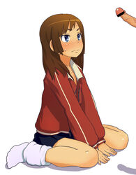 blush brown_hair censored copyright_request footwear imminent_fellatio imminent_oral kyoudyu looking_at_penis loose_socks penis shadow sitting skirt socks solo sweatdrop wariza