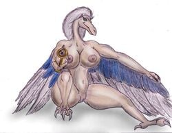 anthro archaeopteryx avian big_breasts bird breasts dinosaucers dinosaur feathers female fossilizer gun navel nude scalie sitting talons teryx weapon wings