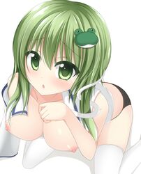 black_panties blush breasts chimunge cleavage collarbone female frog_hair_ornament green_eyes green_hair hair_ornament large_breasts long_hair looking_at_viewer naked_shirt nipples open_clothes open_mouth open_shirt panties sanae_kochiya sitting snake_hair_ornament solo thighhighs touhou underwear wariza white_legwear