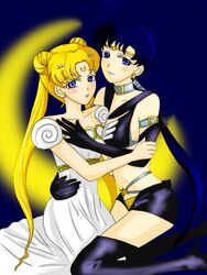 2009 2girls bishoujo_senshi_sailor_moon black_hair blonde_hair blue_eyes breasts circlet clothing dress elbow_gloves female female_only long_hair multiple_girls pale-skinned_female pale_skin princess_serenity sailor_star_fighter sailor_starlights seiya_kou short_shorts small_breasts smooth_skin tawa_(pixiv422809) usagi_tsukino yuri