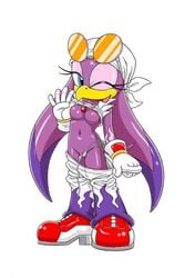 5_fingers anthro avian beak blue_eyes breasts female female_only furry_bomb nipples pants pants_down pussy sega shirt shirt_lift solo sonic_(series) sonic_riders swallow tagme thong undressing wave_the_swallow wink