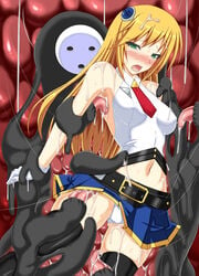 1girls arakune armpit_licking blazblue blonde_hair blush cum female forced green_eyes imminent_rape leg_licking licking medium_breasts miniskirt monster noel_vermillion open_mouth panties rape restrained tears tentacle_sex tentacles underwear