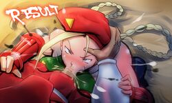 :>= bare_shoulders beret blonde_hair blue_eyes blush braid cammy_white capcom cum fellatio female hair hat human leotard long_hair m_bison male oral rickert_kai straight street_fighter tied_hair twintails