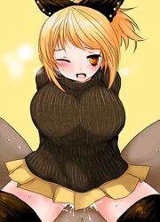 1boy 1girls blonde_hair blush breasts clothed_sex cum cum_inside dark-skinned_male eyebrows_visible_through_hair han64 han_(jackpot) huge_breasts large_breasts long_sleeves navel one_eye_closed open_mouth simple_background skirt solo sweater team_shanghai_alice touhou under_skirt wince wink yamame_kurodani yellow_eyes youkai