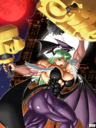 bare_shoulders breasts capcom cleavage clothing darkstalkers demon_girl extreme_muscles green_eyes green_hair head_wings headwings huge_breasts large_breasts long_hair morrigan_aensland muscle muscular muscular_female pantyhose ren_(tainca2000) rentb solo succubus wings