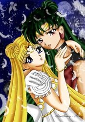 2girls bishoujo_senshi_sailor_moon clothed clothing dress embracing female female_only human multiple_girls nipples princess_serenity reiq sailor_pluto setsuna_meiou usagi_tsukino yuri