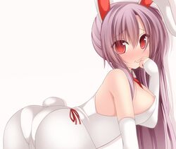 alternate_costume animal_ears bare_shoulders blush breasts bunny_ears bunny_tail bunnysuit chimunge elbow_gloves female gloves leotard long_hair nipples pantyhose purple_hair red_eyes reisen_udongein_inaba solo tail touhou white_background white_legwear