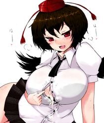 1girls after_sex black_hair blush bra breasts brown_hair cum cum_in_clothes cum_on_body cum_on_breasts cum_on_upper_body cum_wearing cumdrip female han64 han_(jackpot) hat huge_breasts lingerie on_side open_clothes open_mouth red_eyes shameimaru_aya skirt smell solo stain sweat tokin_hat touhou underwear wings