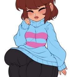 1futa 2d bangs blush bottom_heavy brown_hair bulge closed_eyes clothed clothing color dickgirl erection erection_under_clothes frisk fully_clothed futa_only futanari huge_cock human light-skinned_futanari light_skin pants penis short_hair solo standing sweater tangobat thick_thighs undertale undertale_(series) wide_hips