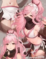 1girls alternate_costume bare_shoulders black_mask blush braid breasts cleavage covered_mouth female female female_only fire_emblem fire_emblem_awakening fire_emblem_fates fire_emblem_heroes gloves hairband haru_(nakajou-28) highres jewelry long_hair looking_at_viewer mask medium_breasts mouth_mask navel ninja ninja_mask nintendo olivia_(fire_emblem) pink_eyes pink_hair ponytail shuriken side_braid sideboob simple_background solo sweatdrop twin_braids weapon