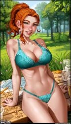 aqua_lingerie aroma_sensei belly belly_button big_breasts bra brown_hair drunk earrings farm farmgirl freckles g-string green_eyes horny large_breasts lingerie red_hair redhead robin_(stardew_valley) small_waist stardew_valley tail thick thick_ass thick_thighs underwear wide_hips