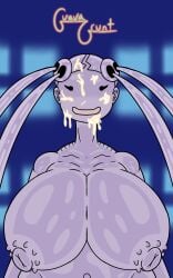 1girls 2d areolae big_breasts cum cum_covered cum_on_face ditto dot_eyes female female_focus female_only game_freak guavagrunt hair_accessory huge_breasts light_through_window monster_girl nintendo nipples plumeria_(pokemon) pokemon purple_body purple_skin room simple_eyes slime slime_girl smile twintails window