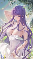 1girls bare_shoulders blunt_bangs breasts cleavage covered_navel dress female female_only fern_(sousou_no_frieren) houkisei large_breasts long_hair looking_at_viewer mouth_hold purple_eyes purple_hair solo sousou_no_frieren white_dress