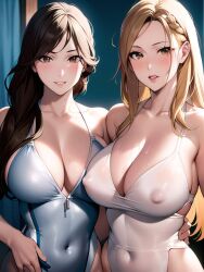 2girls ai_generated ai_mirror arm_around_waist belly_button_visible_through_clothing big_breasts blonde_hair blue_bodysuit blush brown_eyes brown_hair long_hair looking_angry looking_at_viewer nipples_visible_through_clothing seductive_look smile wet white_bodysuit white_skin zipper