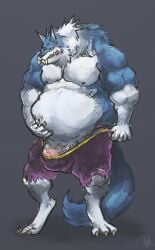 anthro aokmaidu balls bara barazoku blue_fur bulge canine capcom clothing darkstalkers furry jon_talbain male male_only muscles muscular muscular_male overweight pants penis shirtless solo solo_male werewolf wolf