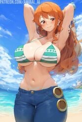 1girls ai_generated amiral_ai armpits beach bikini bikini_top blue_clothing blue_pants breasts cleavage female female_only huge_breasts jeans light-skinned_female light_skin long_hair nami nami_(one_piece) naughty_face one_piece orange_hair outdoors pants post-timeskip presenting_armpit stable_diffusion thick_thighs wide_hips