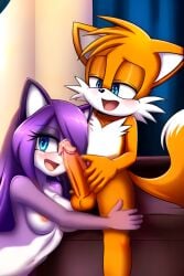 1boy 1boy1girl 1girls ai_generated animal_ears animal_nose anthro blue_eyes blush body_fur closed_mouth erection female fox_boy fox_ears fox_tail furry furry_male hair_over_one_eye half-closed_eyes happy indoors light_blush male miles_prower mobian mobian_fox nude open_smile orange_fur original_character penis penis_on_face precum purple_hair purple_skin sitting smile sonic_(series) sonic_the_hedgehog_(series) spread_legs tail tails tails_the_fox tayasse_uco testicles two-tone_fur uncensored white_fur