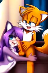 1boy 1boy1girl 1girls ai_generated animal_ears animal_nose anthro blue_eyes blush body_fur closed_mouth cum cum_dripping cum_in_mouth cum_inside cum_leak cum_leaking cum_leaking_out_of_mouth cumdrip cumleak erection female fox_boy fox_ears fox_tail furry furry_male hair_over_one_eye half-closed_eyes hand_on_leg happy indoors light_blush male miles_prower mobian mobian_fox nude orange_fur original_character penis precum purple_hair purple_skin sitting smile sonic_(series) sonic_the_hedgehog_(series) spread_legs tail tails tails_the_fox tayasse_uco testicles two-tone_fur uncensored white_fur