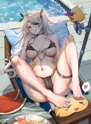 1girls 2023 azur_lane belly big_breasts bikini bra breasts corporate_flying_shark feet female female_only fingerlike_toes hi_res legs_apart light-skinned_female light_skin long_hair looking_at_viewer lying lying_on_back navel outdoors outside prinz_eugen_(azur_lane) smile solo spread_legs swimming_pool swimsuit swimwear toes tongue tongue_out white_hair yellow_eyes