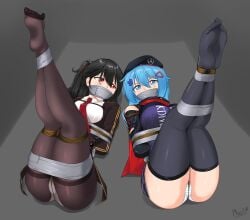 2018 beret black_hair blue_eyes blue_hair bondage commission cosplay girls'_frontline hk416_(girls'_frontline) legs_up pantyhose plusout red_eyes someone_else's_oc tape tape_bondage tape_gag thighhighs wa2000_(girls'_frontline) white_panties