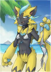 absurd_res anthro beach biped black_body blue_body blue_eyes blue_fur blush breasts female fur generation_7_pokemon genitals hi_res legendary_pokemon navel nintendo pawpads pokemon pokemon_(species) pussy sealer4258 seaside solo yellow_body yellow_fur zeraora