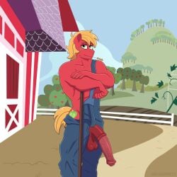 1:1 animal_genitalia animal_penis anthro anthrofied balls barn big_macintosh_(mlp) blonde_hair clothing cutie_mark denim denim_clothing denim_overalls earth_pony equid equine equine_genitalia equine_penis friendship_is_magic fur genitals green_eyes hair hasbro hi_res horse male male_only mammal muscular muscular_anthro muscular_male my_little_pony outside overalls penis pony red_body red_fur shallowwin vein veiny_penis wheat wheat_in_mouth