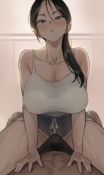 1boy cleavage erection female gray_shorts imminent_sex jagaimo kkamja large_breasts looking_at_viewer nipples_visible_through_clothing no_bra ponytail pov sports_shorts straddle tank_top