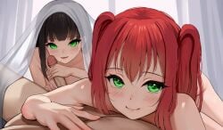 1boy 2girls black_hair blunt_bangs blush closed_mouth commentary completely_nude english_commentary ffm_threesome green_eyes group_sex handjob highres kurosawa_dia kurosawa_ruby looking_at_viewer love_live! love_live!_sunshine!! lying minted mole mole_under_mouth multiple_girls nude on_stomach parted_lips penis pov red_hair siblings sisters smile straight threesome twintails uncensored under_covers